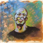 A man in black t-shirt painting