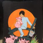 A painting of a girl and pigs