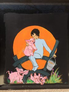 A painting of a girl and pigs