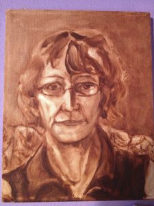 A brown painting of a woman wearing glasses