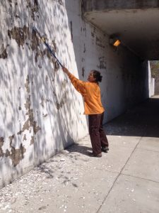 A woman cleaning a wall