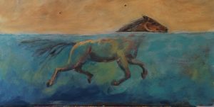 A horse swimming in water painting