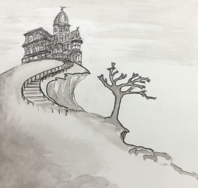 A black and white castle and tree image