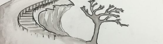 A black and white castle and tree image