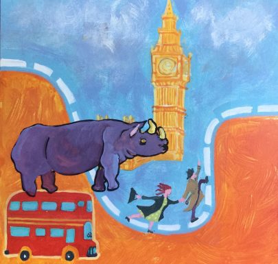 A hippopotamus standing on a bus animated painting