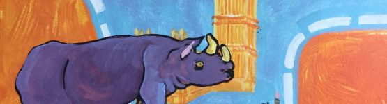 A hippopotamus standing on a bus animated painting