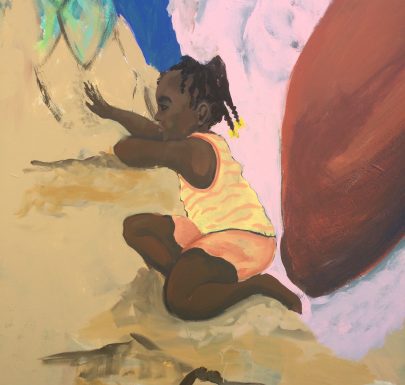 A painting of a child playing in the sand.