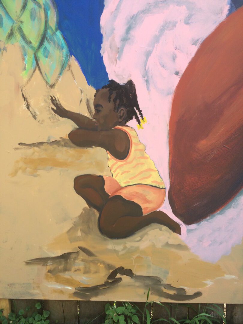 A painting of a child playing in the sand.
