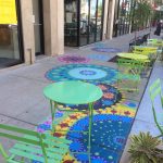 Colorful mandalas on the ground with colorful chair
