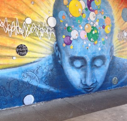 A blue wall painting depicting thinking