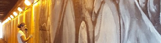 A woman painting a long wall