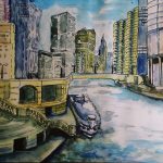 A city and river oil painting