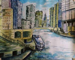 A city and river oil painting