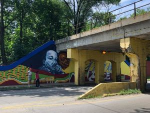 A bridge and a painted wall