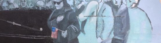 painting of 4 individuals looking at the car