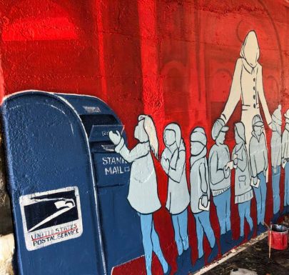 Painting of kids posting a mail