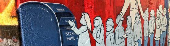 Painting of kids posting a mail