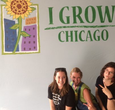 Three women taking a picture in front of a painted wall