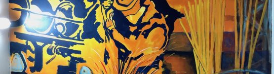 Painting of a man drilling