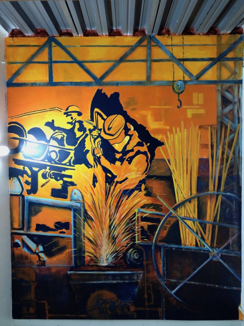 Painting of a man drilling