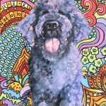 A dog painting in front of a colorful design
