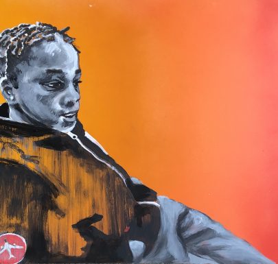 A grey and orange wall painting of a girl