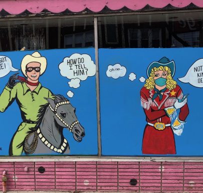 A comic-themed painting on a wall