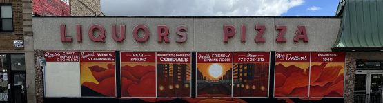 Storefront with "Liquors Pizza" signage.