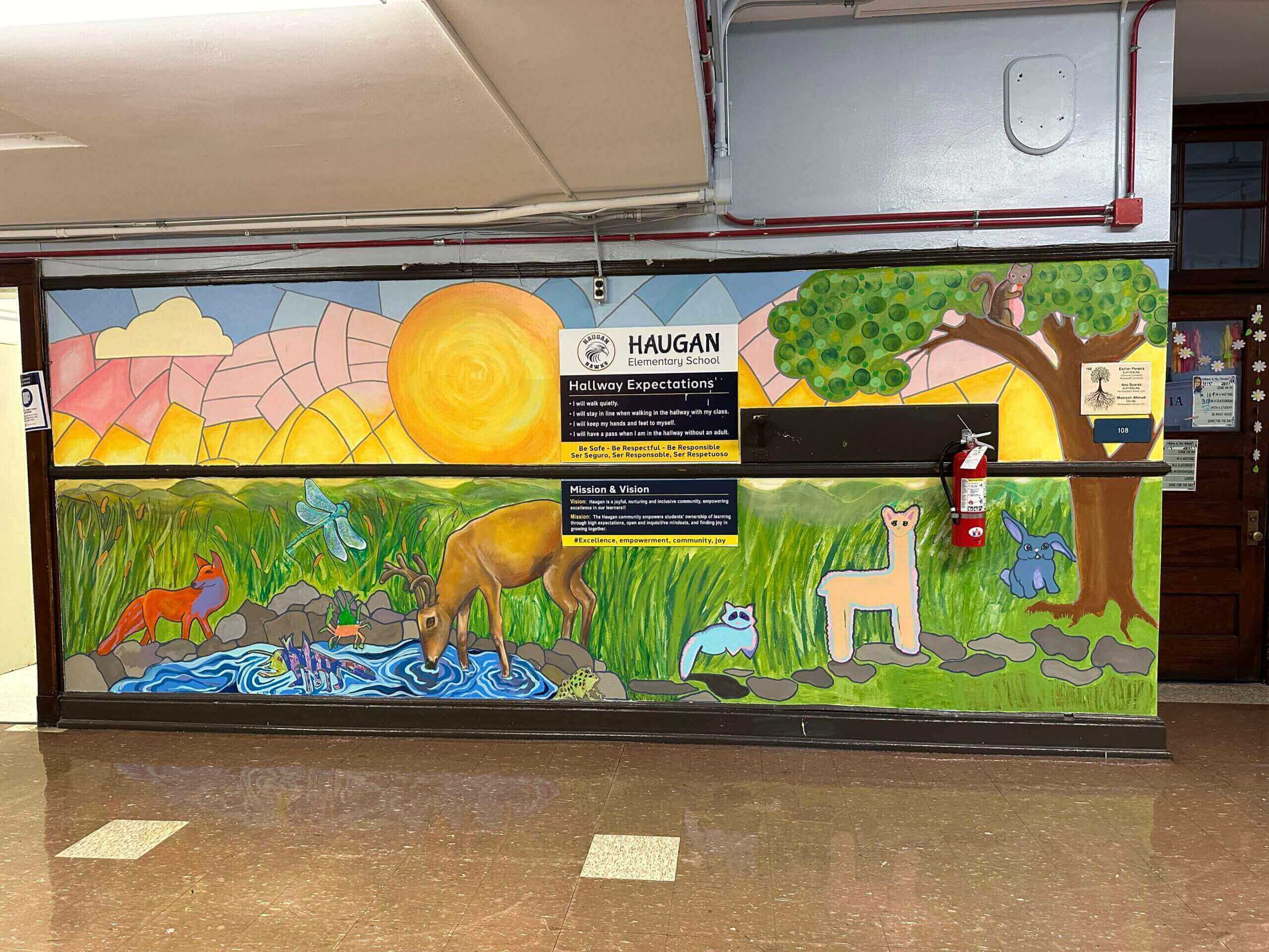 Colorful mural of animals by a pond.