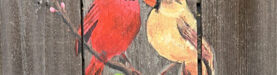 Painted cardinals on a wooden fence.